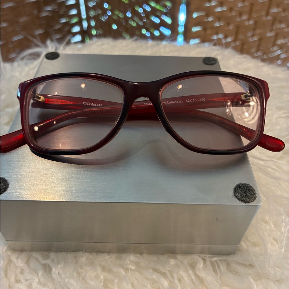 Coach Red Eyeglasses and Coach case, tiny scratch on right arm. Arms straight